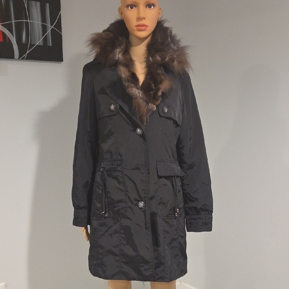 Chic Black Fur-Trimmed Trench Coat - Picture 7 of 14
